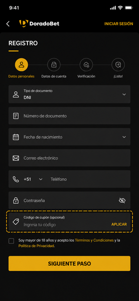 Busca el campo para introducir el cupón en tu perfil de DoradoBet.
