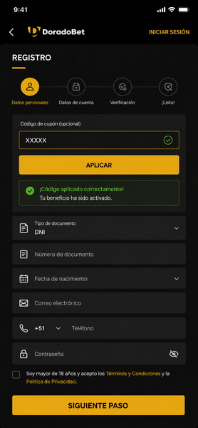 Introduce el código y activa el código promocional de DoradoBet.