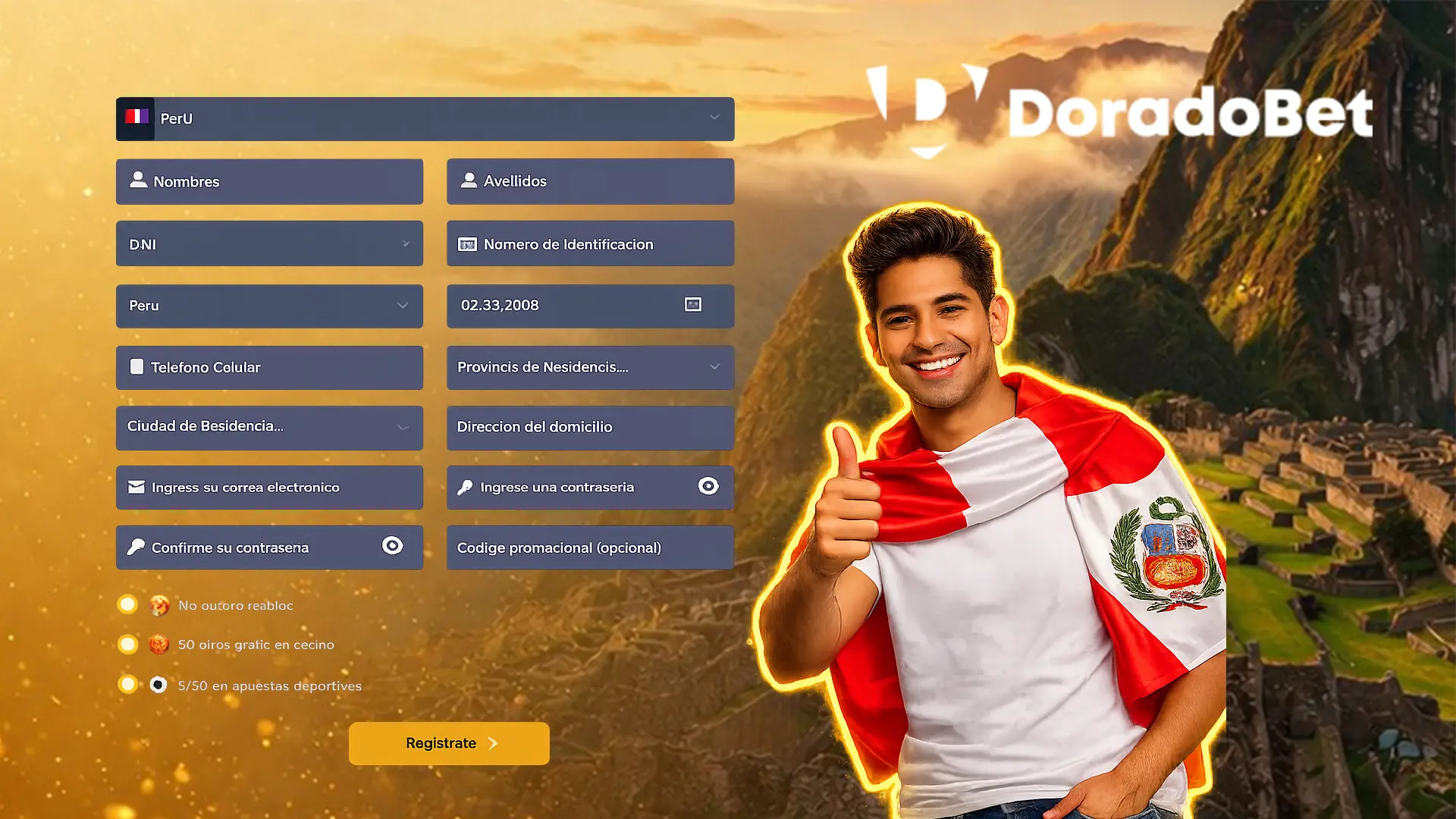Regístrate en DoradoBet y accede al casino y a las apuestas deportivas.